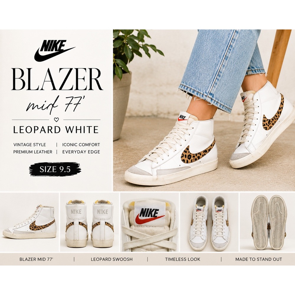 Nike‎ Blazer Mid '77 Leopard White Leather Sneakers Women's 9.5 DA8736-101